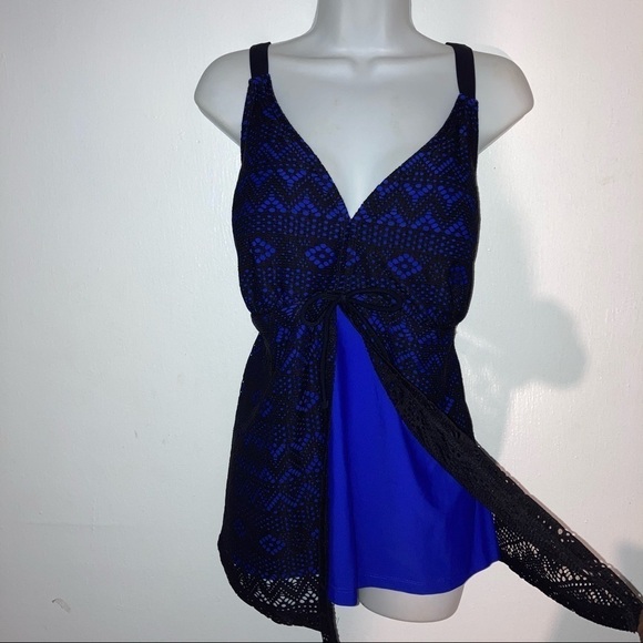 Catherines Black Lace Overlay Blue Tankini Top 20W - Picture 5 of 6